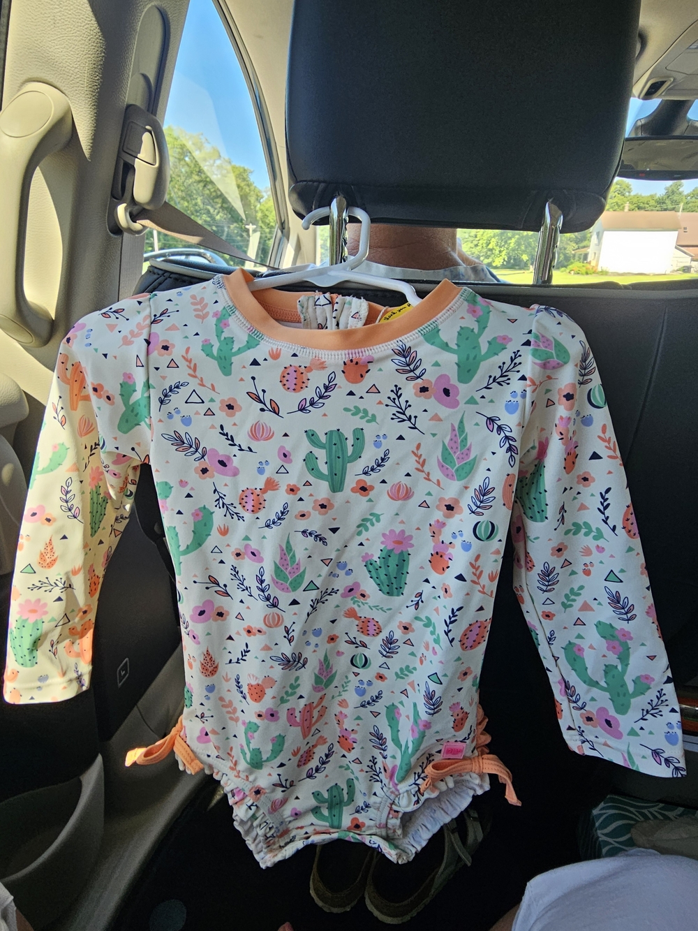 Ruffle Butts Kids Rashguard Swim Suit - White with Green Cactus & Pink Floral